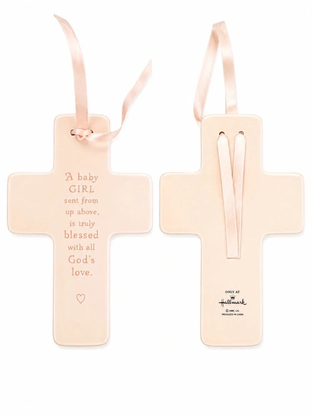 Hallmark Baby Girl Pale Pink Ceramic Cross Ornament with Ribbon